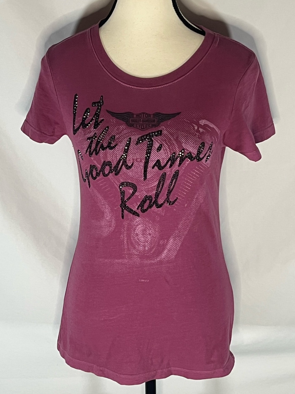 Harley-Davidson Arrowhead Rhinestone Let The Good Times Roll Women’s Shirt XS